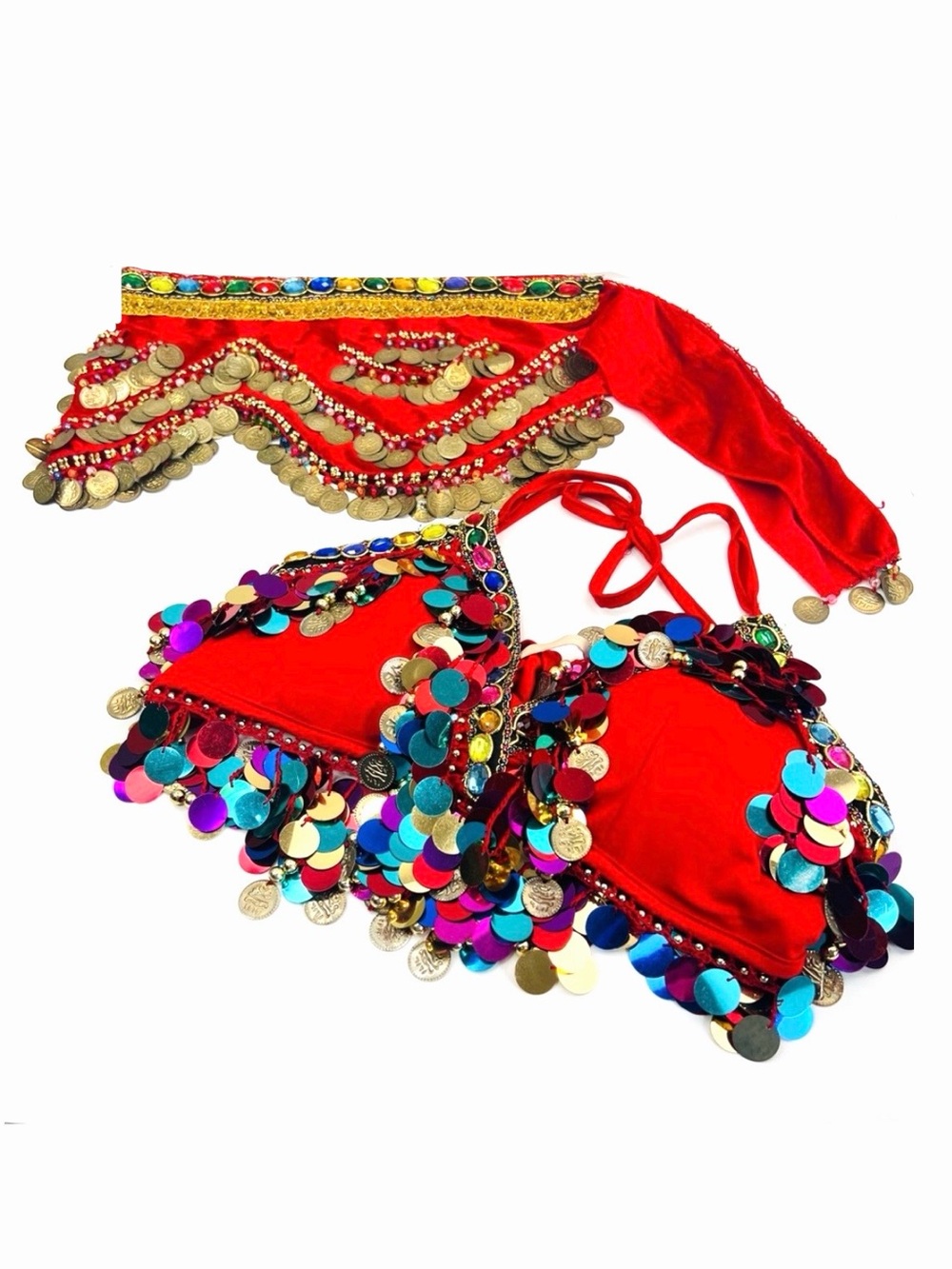 Red Gold Coin Belly Dancing Top & Hip Skirt Set